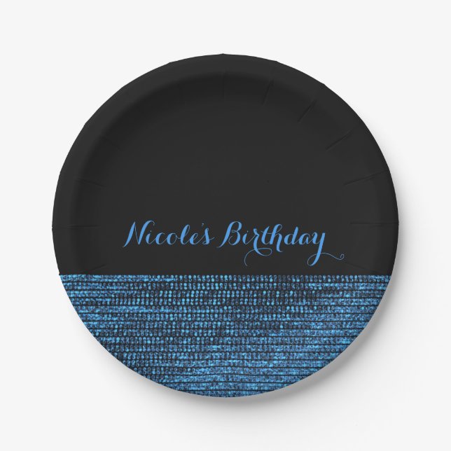Blue & Black Modern Glam Sequins Chic Party Paper Plates (Front)