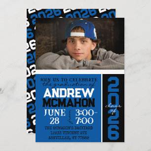 Blue & Black Modern Graduation Photo Invitation