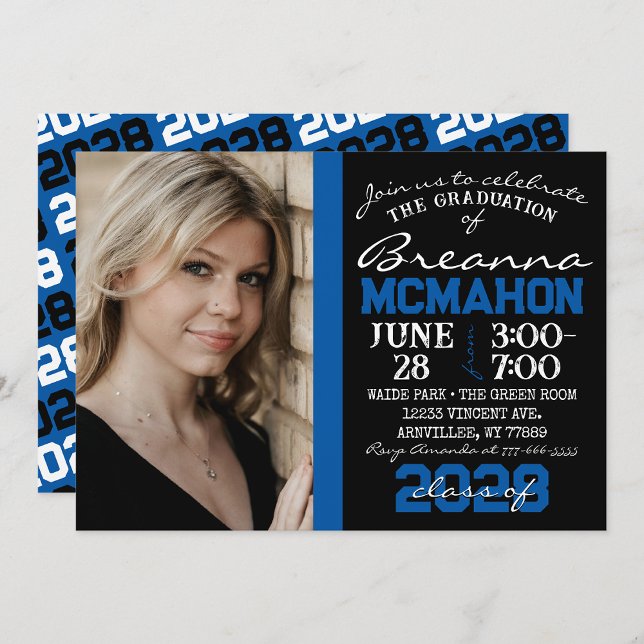 Blue & Black Modern Graduation Photo Invitation (Repeating Class Year 1 & 2 Photo Graduation Invitations & Announcements)
