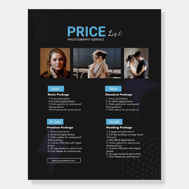 Blue Black Modern Photography Service Price Foam Board (Front)