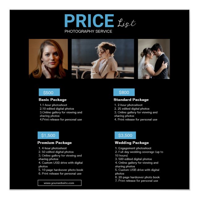 Blue Black Modern Photography Service Price List Poster (Front)