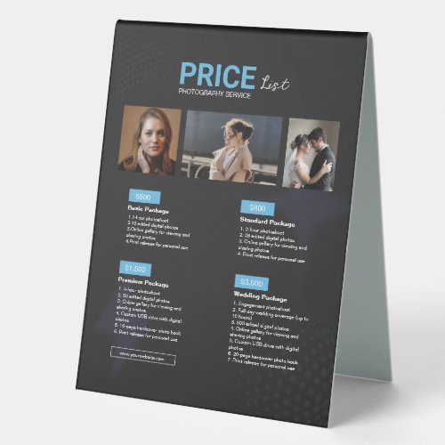 Blue Black Modern Photography Service Price List Table Tent Sign
