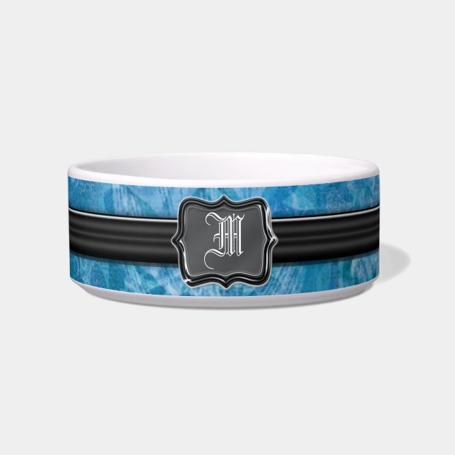 Blue black monogram designer pet bowl (Front)