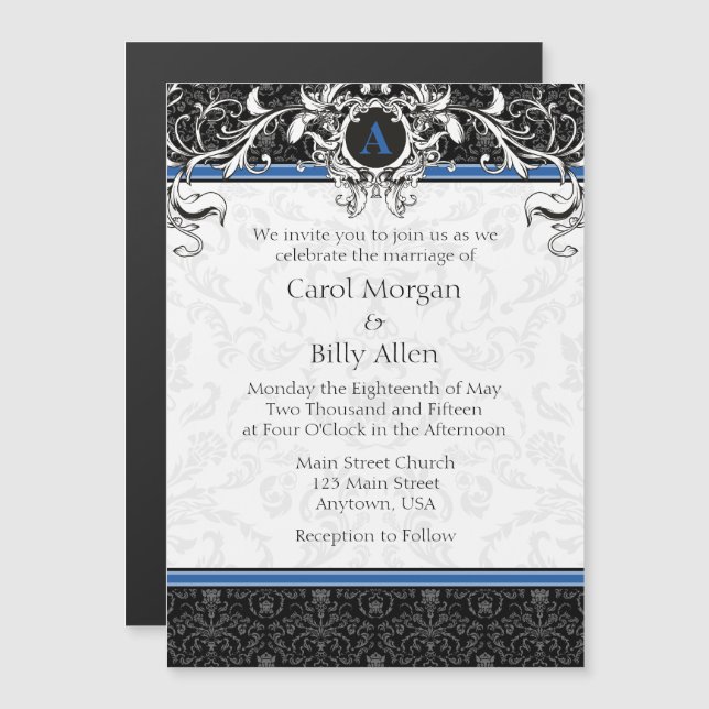 Blue Black Monogram Magnetic Wedding Invitation (Front/Back)