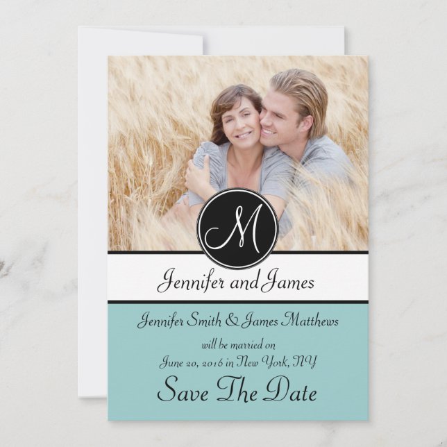 Blue Black Monogram Photo Save The Date Card (Front)