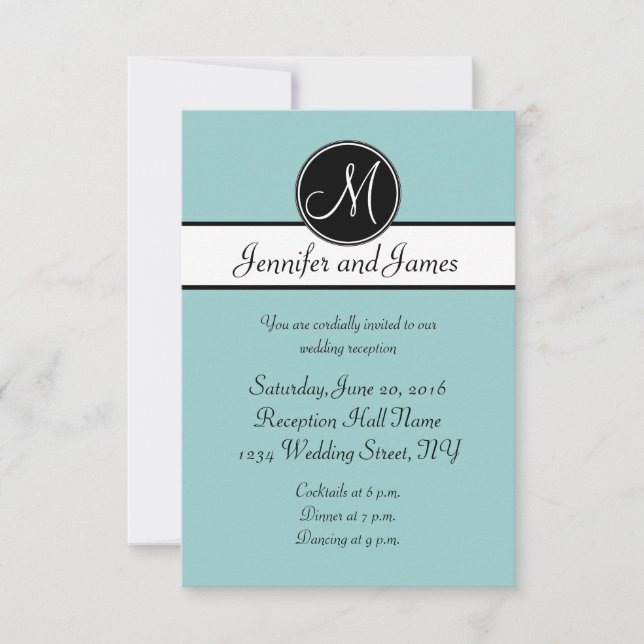 Blue Black Monogram Simple Wedding Reception Cards (Front)