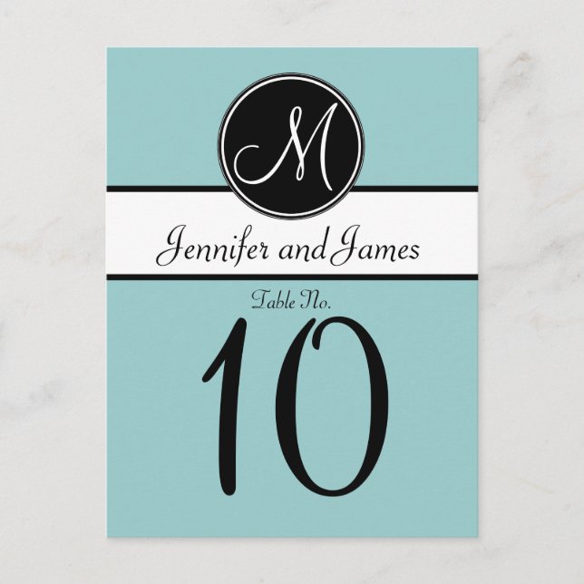 Blue Black Monogram Wedding Table Number Card (Front)