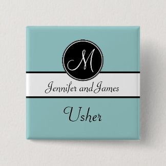 Blue Black Monogram Wedding Usher Button