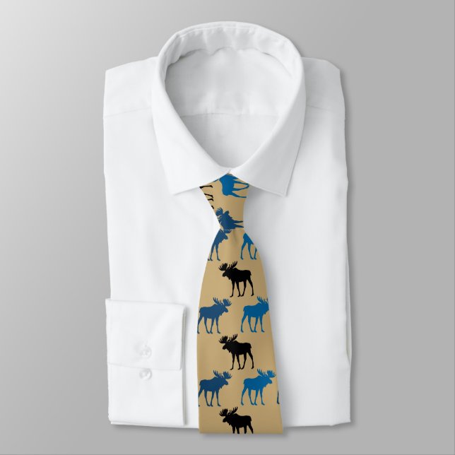 Blue Black Moose Pattern on Gold Neck Tie (Tied)
