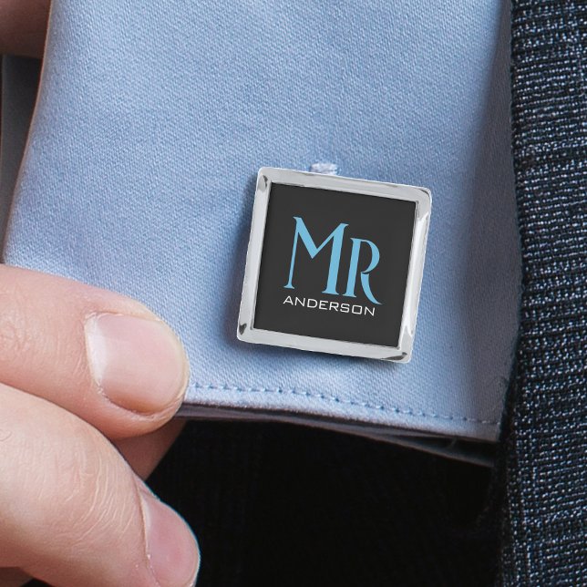Blue & Black Mr Husband Groom Wedding Cufflinks (black and blue Mr. square silver plated cufflinks)