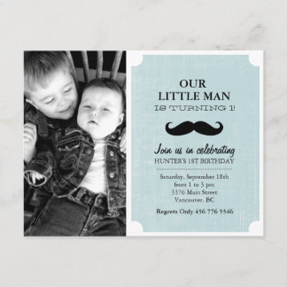 Blue & Black Mustache Photo First Birthday Invite