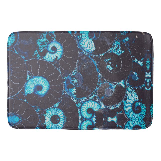 Blue black Nautilus shell pattern, scared geometry Bath Mat (Front)