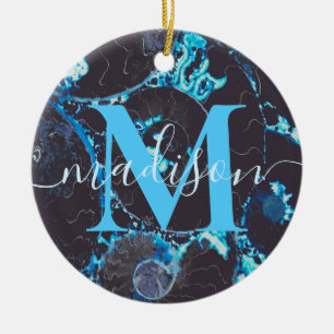 Blue black Nautilus shell pattern, scared geometry Ceramic Ornament