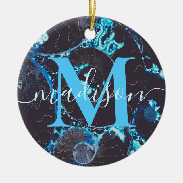 Blue black Nautilus shell pattern, scared geometry Ceramic Ornament (Front)