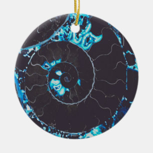 Blue black Nautilus shell pattern, scared geometry Ceramic Ornament
