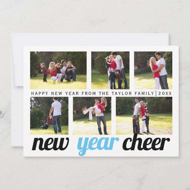 Blue, black New Year Cheer 2023 six photo collage Holiday Card (Front)