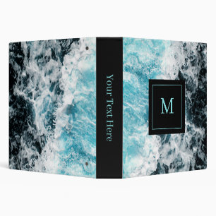 Blue Black Ocean Waves Hawaii Monogram 3 Ring Binder