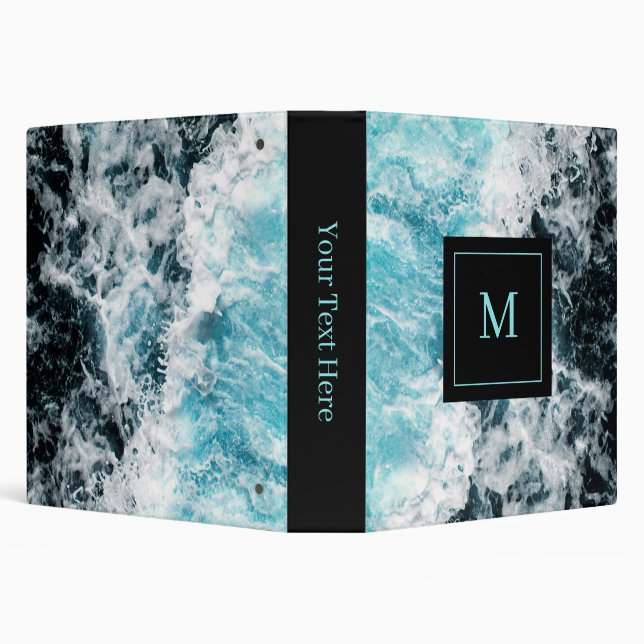 Blue Black Ocean Waves Hawaii Monogram 3 Ring Binder (Background)
