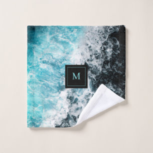 Blue Black Ocean Waves Hawaii Monogram Bath Towel Set