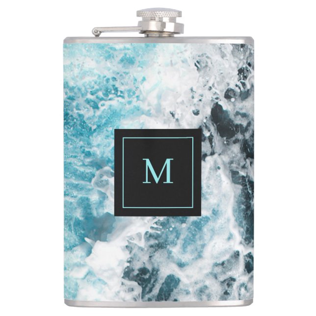 Blue Black Ocean Waves Hawaii Monogram Flask (Front)