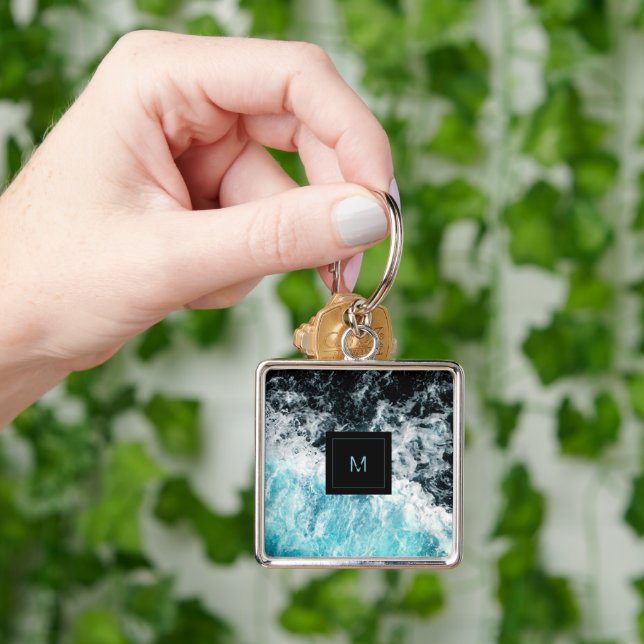 Blue Black Ocean Waves Hawaii Monogram Keychain (Hand)