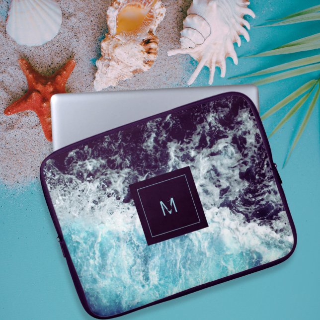 Blue Black Ocean Waves Hawaii Monogram Laptop Sleeve (Creator Uploaded)