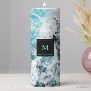 Blue Black Ocean Waves Hawaii Monogram Pillar Candle