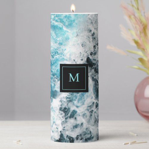 Blue Black Ocean Waves Hawaii Monogram Pillar Candle