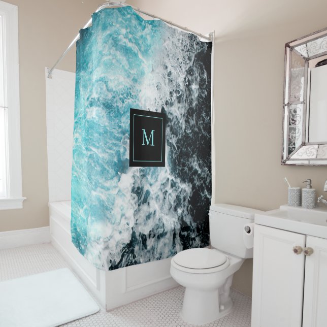 Blue Black Ocean Waves Hawaii Monogram Shower Curtain (In Situ)