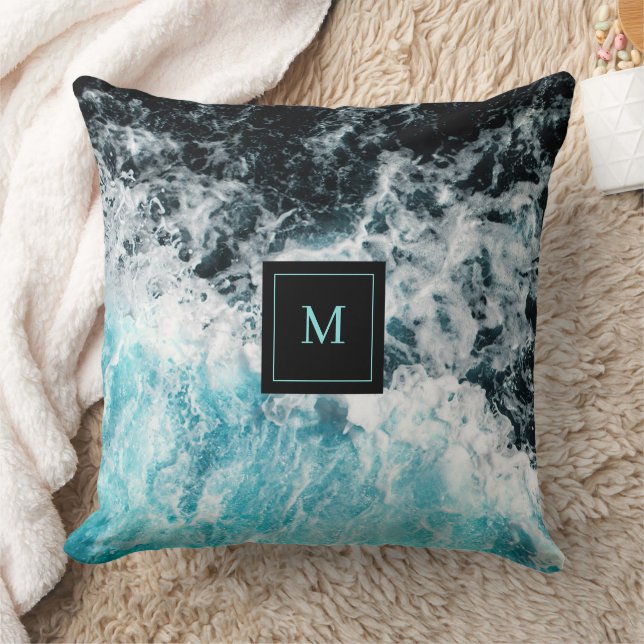 Blue Black Ocean Waves Hawaii Monogram Throw Pillow (Blanket)