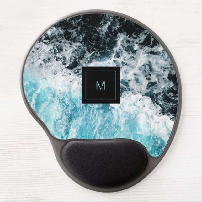 Blue Black Ocean Waves Monogram Gel Mouse Pad (Front)