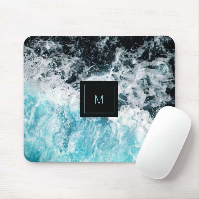 Blue Black Ocean Waves Monogram Mouse Pad (With Mouse)