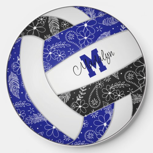 blue black paisley doodles girls volleyball wireless charger 