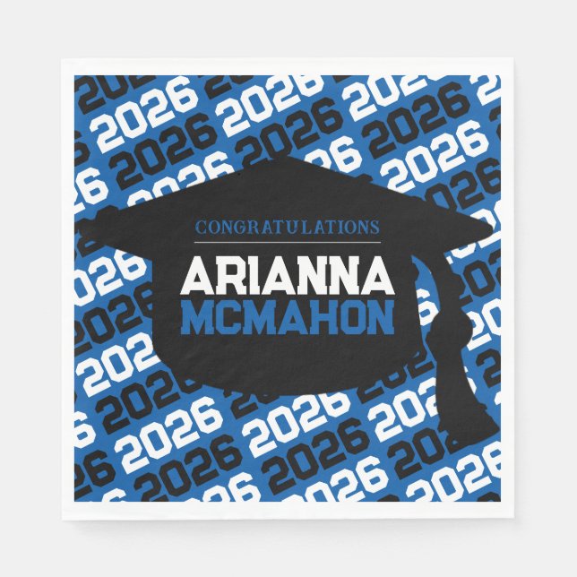Blue & Black Personalized Graduation Cap Paper Napkins (Front)
