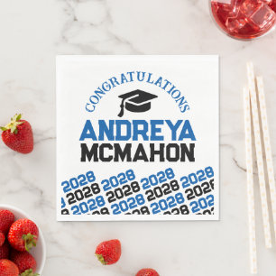 Blue & Black Personalized Graduation Party Paper Napkins