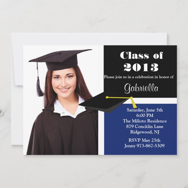 Blue & Black Photo Graduation Invitation (Front)
