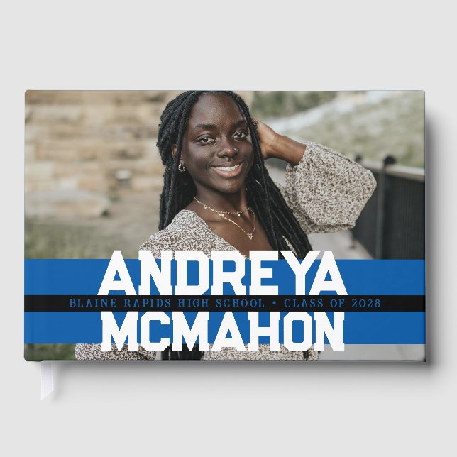 Blue & Black Photo Graduation Personalized Guest Book (Front)