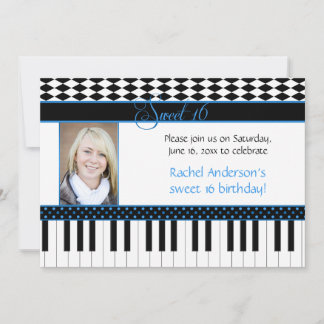 Blue Black Piano Theme Sweet 16 Birthday Invitation