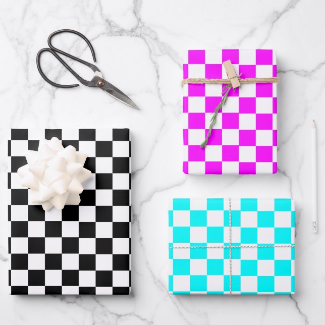 Blue Black Pink Retro Chess Checker Pattern Wrapping Paper Sheets (Front)