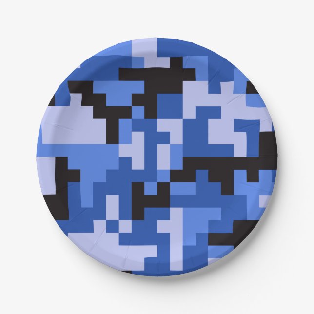 Blue Black Pixel Army Camo Camouflage Pattern Paper Plates (Front)