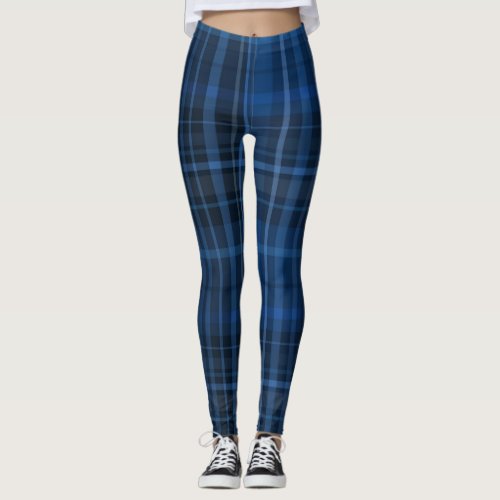 Blue Black Plaid Pattern Leggings