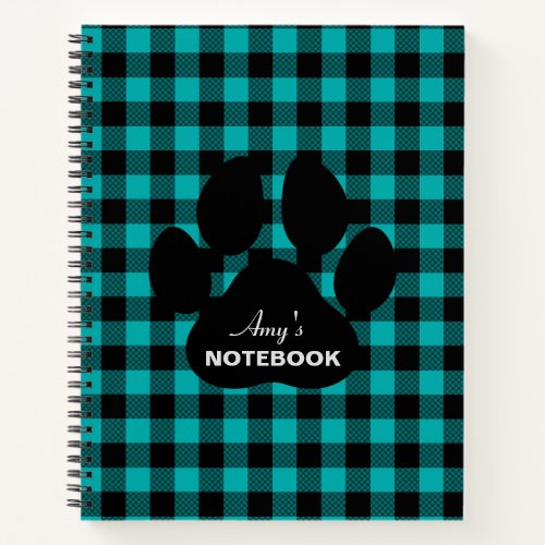 Blue Black Plaid Paw Print Notebook Journal