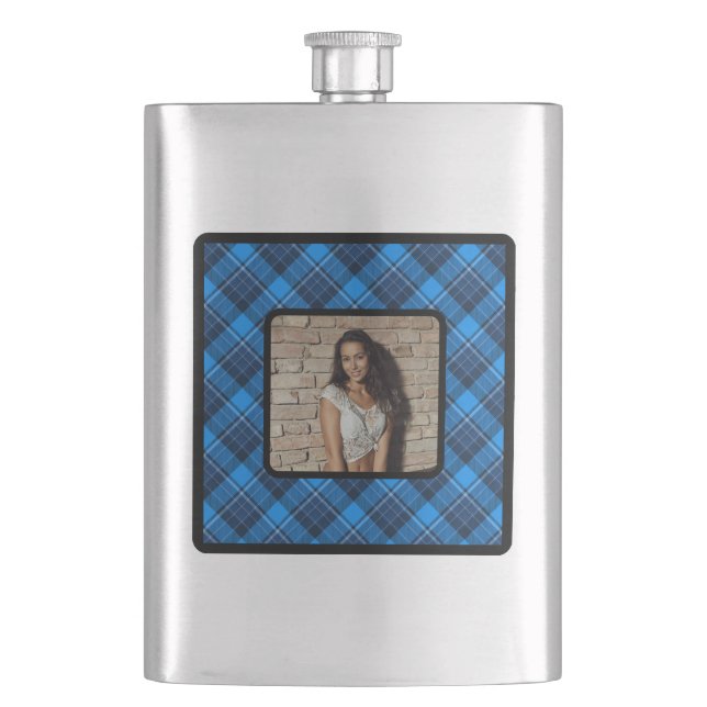 Blue Black Plaid Photo Stainless Steel Flask (Front)