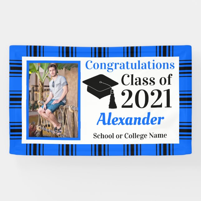 Blue Black Plaid School Colors Graduation Banner (Horizontal)