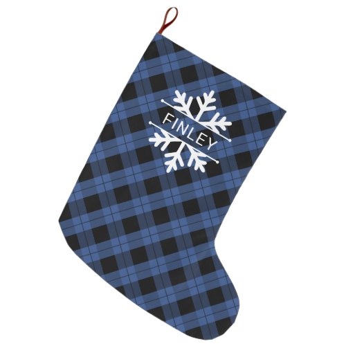 Blue Black Plaid Snowflakes Name Christmas Large Christmas Stocking