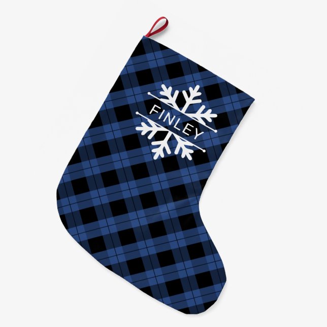 Blue Black Plaid Snowflakes Name Christmas Large Christmas Stocking (Front (Hanging))