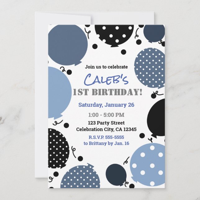 Blue & Black Polka Dot Balloons 1ST Birthday Party Invitation (Front)