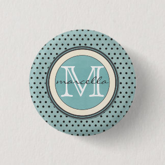 Blue Black Polka Dots Background Monogram Button