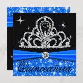 Blue Black Quinceanera Princess Tiara Bling Invitation (Front/Back)