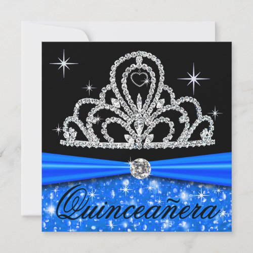 Blue Black Quinceanera Princess Tiara Bling Invitation